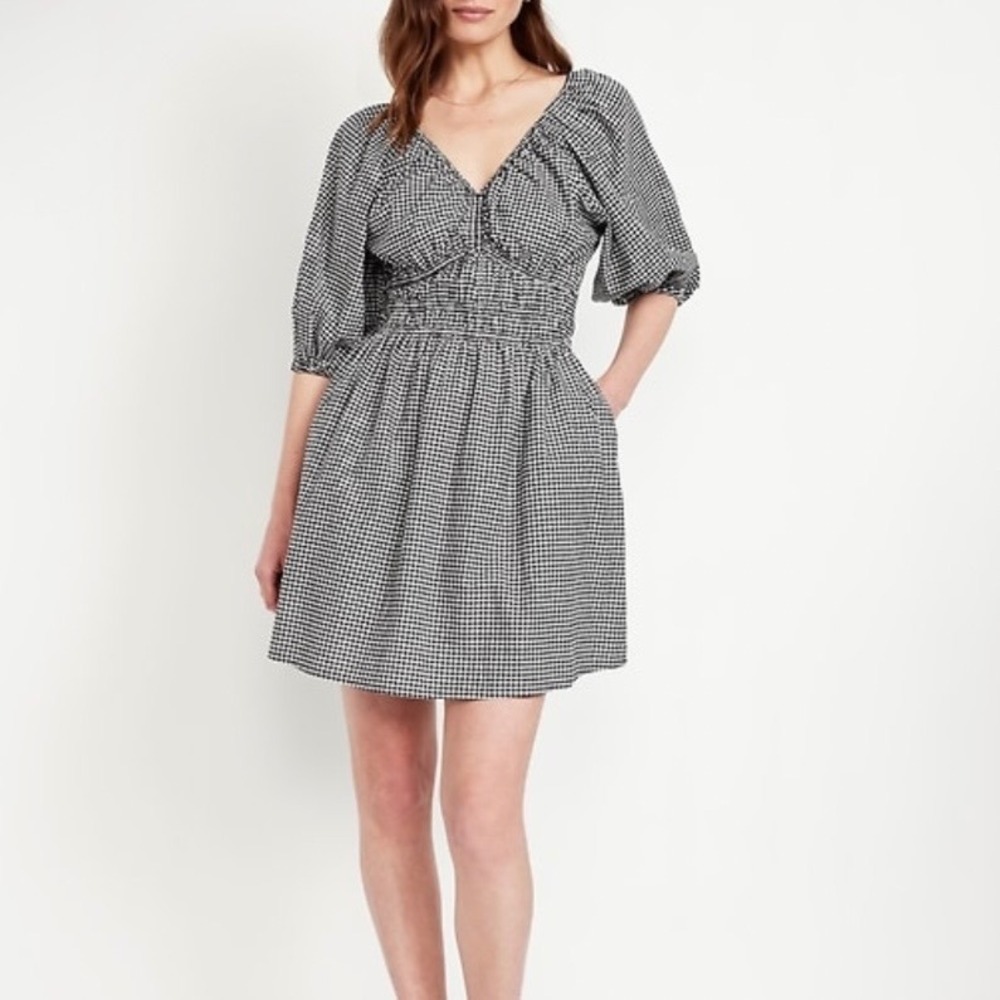 Old Navy Black White Gingham Waist Defined Mini Dress Pockets Casual Fall XS P
